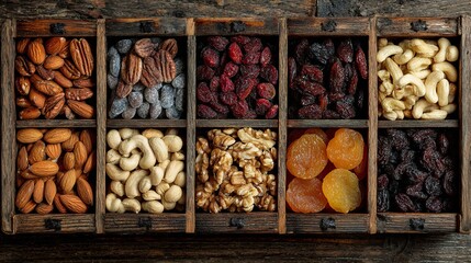Delicious assortment of healthy nuts and dried fruits in rustic wooden box for snack mix promotions and healthy eating campaigns