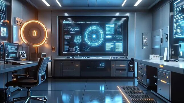 A futuristic control room filled with advanced technology, glowing displays, and digital interfaces for data analysis and operations in a modern setting. - Powered by Adobe