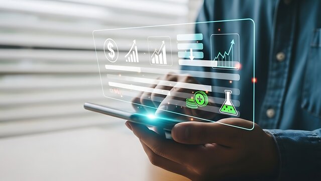 A man using a smartphone with a virtual screen displaying financial data and charts for investment analysis and planning