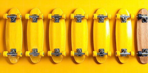 Multiple Yellow Skateboards Arranged on a Bright Yellow Background