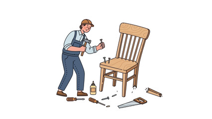 Skilled craftsman meticulously repairs a wooden chair with tools, showcasing carpentry skills