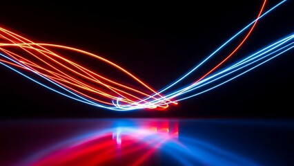 Abstract light painting with red and blue neon trails creating a futuristic and dynamic effect on a reflective surface