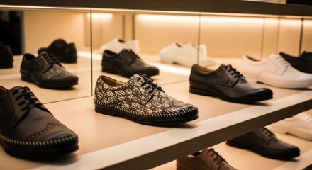 Elegant collection of mens luxury leather shoes on display in a high-end retail store.