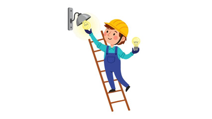 Electrician changing a lightbulb on a ladder, illustration for construction and maintenance themes