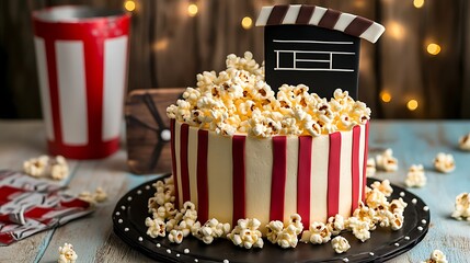 A movie night cake with popcorn fondant film reel decorations and clapboard