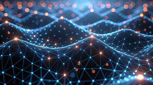 Abstract digital network featuring glowing blue nodes and interconnected lines forming a dynamic wave-like structure, symbolizing data, technology, and global connectivity.