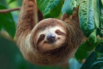 Naklejka premium Cute Sloth Hanging from Tropical Leaves in Lush Green Background