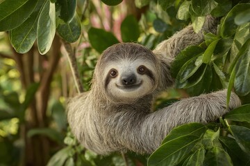 Naklejka premium Charming Sloth Hanging in Lush Green Tropical Environment