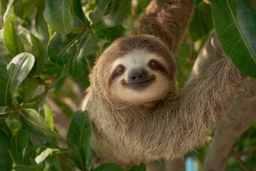 Naklejka premium Happy sloth smiling in a lush green tree, nature's adorable creature