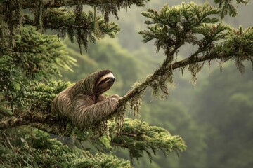Naklejka premium Sloth Relaxing on Tree Branch in Lush Tropical Forest Environment