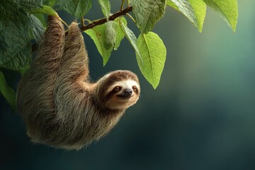 Naklejka premium Peaceful Sloth Hanging from Tree Branch with Lush Green Background