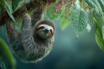 Naklejka premium Adorable Sloth Hanging From Tree Branch Surrounded By Green Foliage