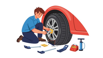 Man diligently changing flat tire on car, performing essential roadside vehicle maintenance and auto repair
