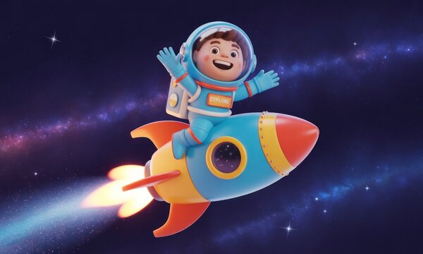 Child astronaut joyfully riding a rocket ship through space