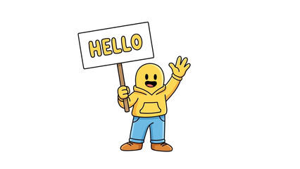 Cartoon Character Holding a Hello Sign Welcoming Gesture Illustration