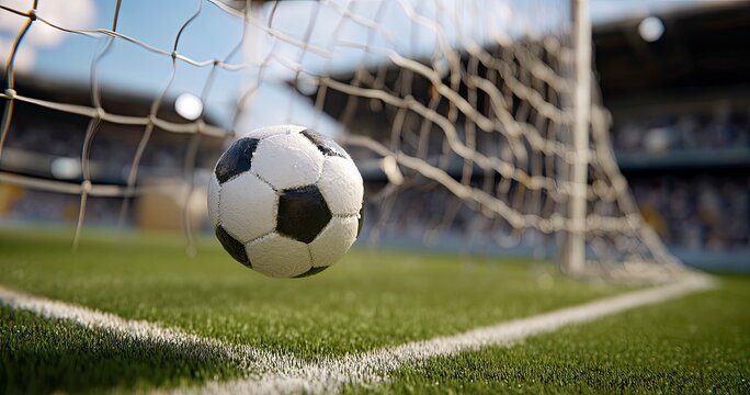 Soccer Ball Hitting the Net During Game in Stadium with Fans
