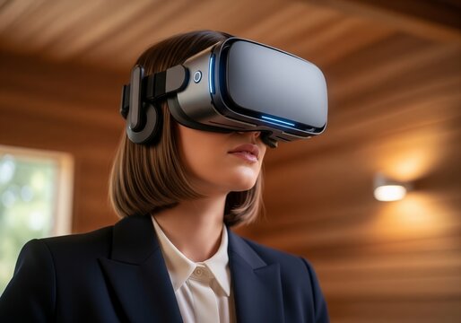 Businesswoman Wearing Futuristic VR Headset in Wooden Office, Immersive Virtual Reality Innovation