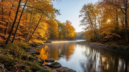 Fototapeta premium Beautiful colorful autumn forest landscape reflection with yellow trees, blue sky, and clouds over the calm lake water