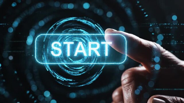 Futuristic Finger Pressing Digital START Button, Launching Advanced Technology Application with Glowing Blue Interface