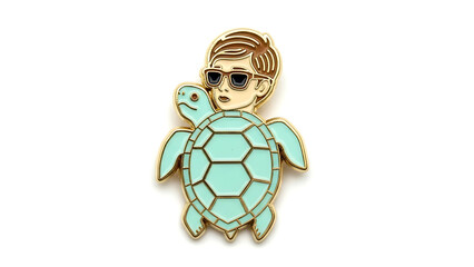 Stylish pin featuring a cool dude riding a turtle, a quirky fashion statement today