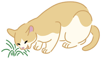 草を食べる猫のイラスト