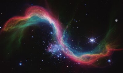 Colorful cosmic cloud with arcing structures and bright stars on a dark background