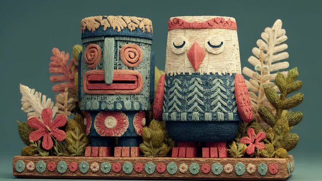 Two Whimsical Clay Figures, Tiki Totem and Owl, Surrounded by Foliage on a Decorative Wooden Base, Against a Blue Background