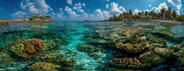 Naklejka premium Vibrant Tropical Coral Reef Under Clear Blue Sky in Ocean Landscape