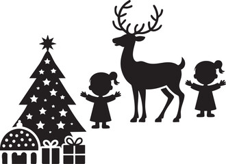 Christmas Kids and Reindeer Silhouette

Festive Holiday Silhouette with Children, Tree, and Reindeer

Black and White Christmas Icon Set: Tree, Reindeer, and Kids