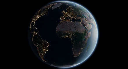 Fototapeta premium Orbital view of planet Earth at night, showcasing city lights on a dark backdrop