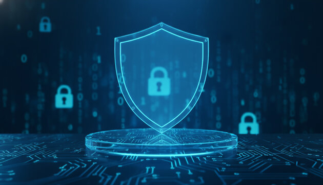 Blue futuristic shield podium for cybersecurity product display - Powered by Adobe