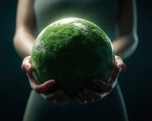 A woman holds a glowing sphere covered in grass, representing the fragility and importance of environmental protection and sustainable living.