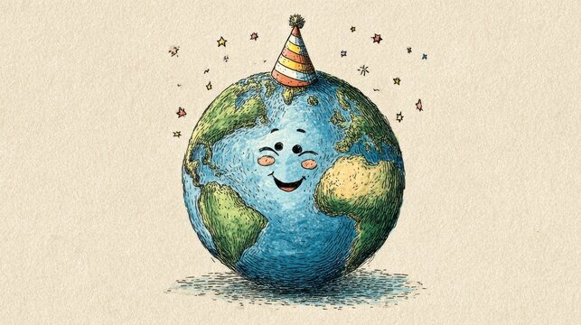 A whimsical illustration of planet Earth wearing a festive birthday hat and surrounded by celebratory stars, perfect for Earth Day or environmental awareness campaigns.