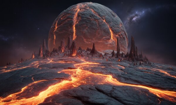 Cosmic sphere with lava flows, rocky terrain, and dark starry night sky - Powered by Adobe