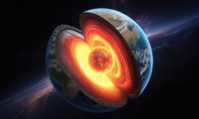 Cross-section visualization of planet showing layers crust, mantle, outer core, inner core, and space
