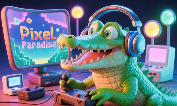 Crocodile gamer in retro pixelated gaming scene