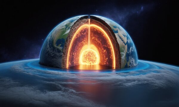 Cross-section of planet Earth, revealing core and layers against a nebula backdrop