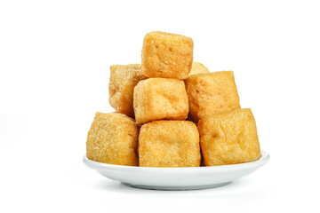 Deep Fried Golden Tofu Puffs on White Plate - Asian Vegetarian Food Photography