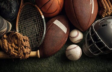 Assorted Sports Equipment on Green Turf Background for Athletic Themes