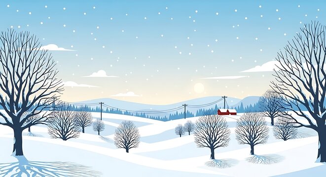A serene winter landscape with snow falling gently on bare trees and a small red cabin nestled in the snowy hills under a pale blue sky - Powered by Adobe