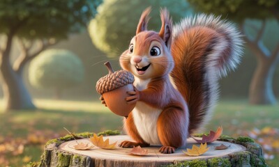 Naklejka premium Cute cartoon squirrel holding an acorn. Autumnal forest backdrop