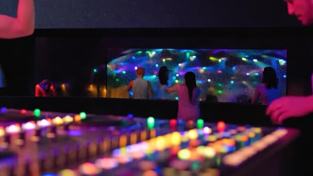 Dynamic sound mixing console with vibrant bokeh lights creating an immersive audio experience for music creation and production