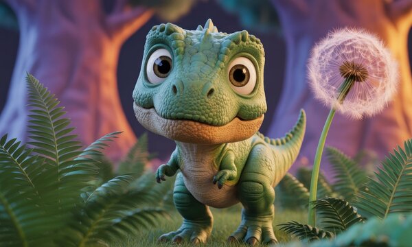 Cute cartoon T-Rex in a whimsical forest scene