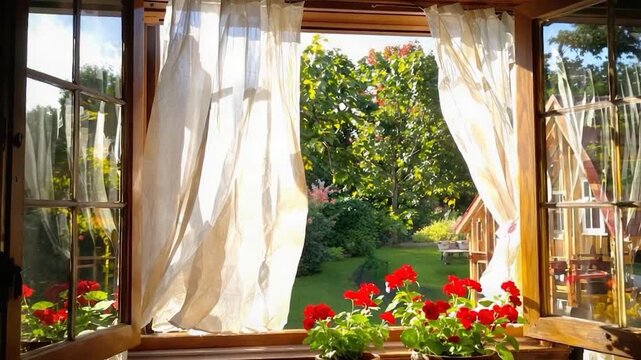 Cozy sunlight streams through open window, revealing lush garden and red geraniums creating a peaceful idyllic home scene with nature's beauty