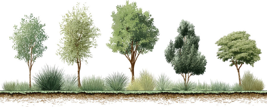 Five diverse trees and various green grasses with visible soil cross section vector