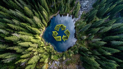 Stunning aerial view of pristine forest lake with recycle symbol promoting sustainability and environmental awareness beautifully