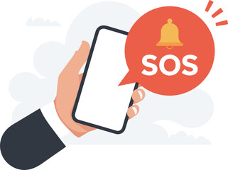 Hand holding smartphone with SOS alert notification and bell icon mobile