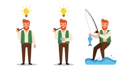 Man with red beard in three different scenes: having an idea, smoking a pipe and looking at a phone, and fishing.