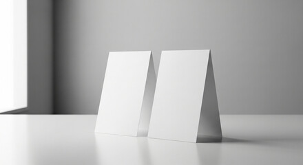 Two blank white standing cards on a clean white surface, ready for custom messages or designs.