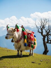 Decorated White Yak on Hill